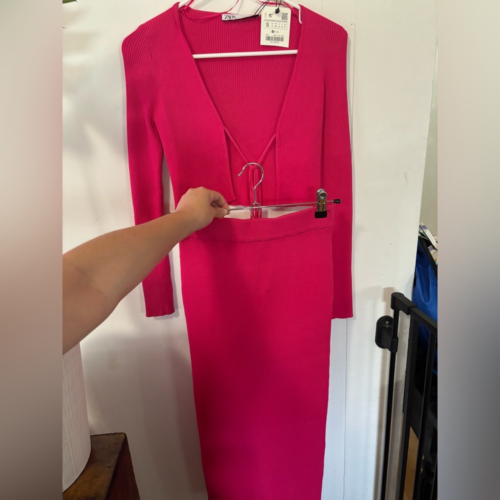 Zara Hot pink tie top and midi skirt set | size small for top and bottom | NWT